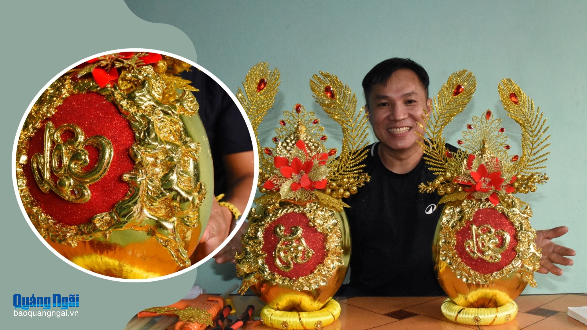 Độc đáo linh vật ngựa trên dừa “dát vàng”