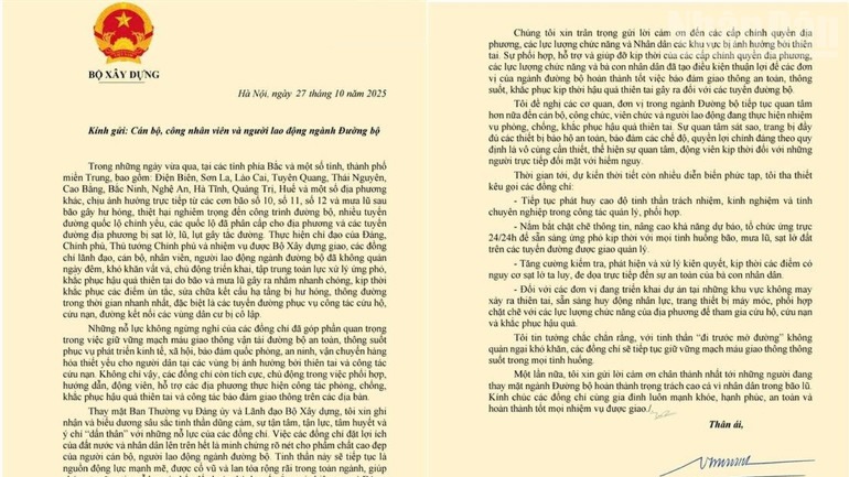 Bộ trưởng Xây dựng gửi thư động viên cán bộ, công nhân viên ngành đường bộ vượt qua mưa lũ, bảo đảm giao thông thông suốt