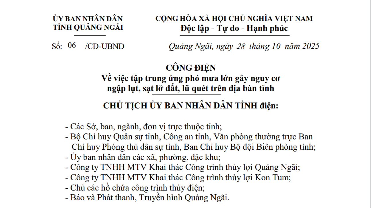 Công điện của UBND tỉnh về việc tập trung ứng phó mưa lớn gây nguy cơ ngập lụt, sạt lở đất, lũ quét trên địa bàn tỉnh