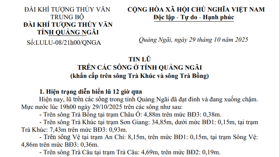 Tin lũ khẩn cấp trên sông Trà Khúc và Trà Bồng