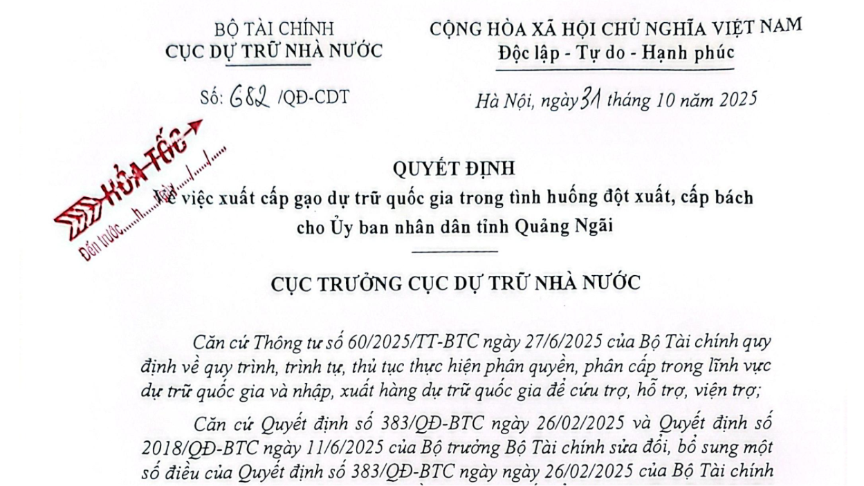 Xuất cấp 5.000 tấn gạo dự trữ quốc gia hỗ trợ khẩn cấp cho tỉnh Quảng Ngãi