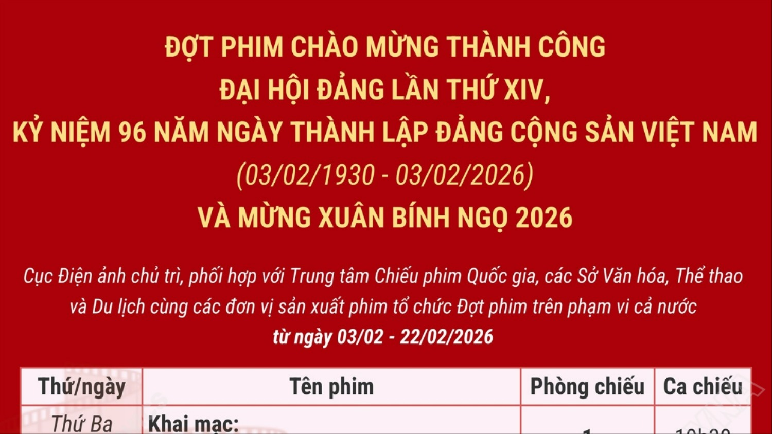 [Infographic]. Chiếu miễn phí phim chào mừng thành công Đại hội Đảng lần thứ XIV