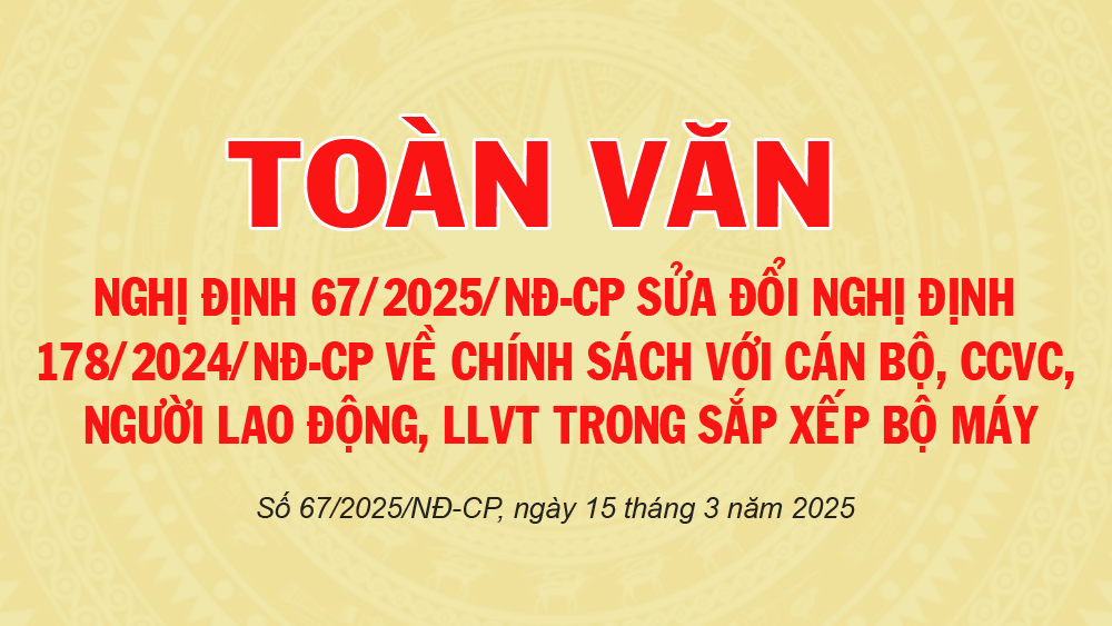 TOÀN VĂN: Nghị định 67/2025/NĐ-CP sửa đổi Nghị định 178/2024/NĐ-CP về chính sách với cán bộ, CCVC, người lao động, LLVT trong sắp xếp bộ máy