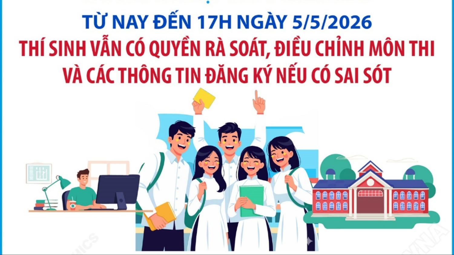 [Inforgraphic]. Thí sinh có quyền điều chỉnh môn thi và thông tin đăng ký đến 17 giờ ngày 5/5/2026