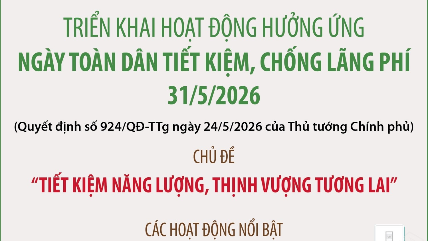 [Infographic]. Triển khai hoạt động hưởng ứng Ngày toàn dân tiết kiệm, chống lãng phí 31/5/2026