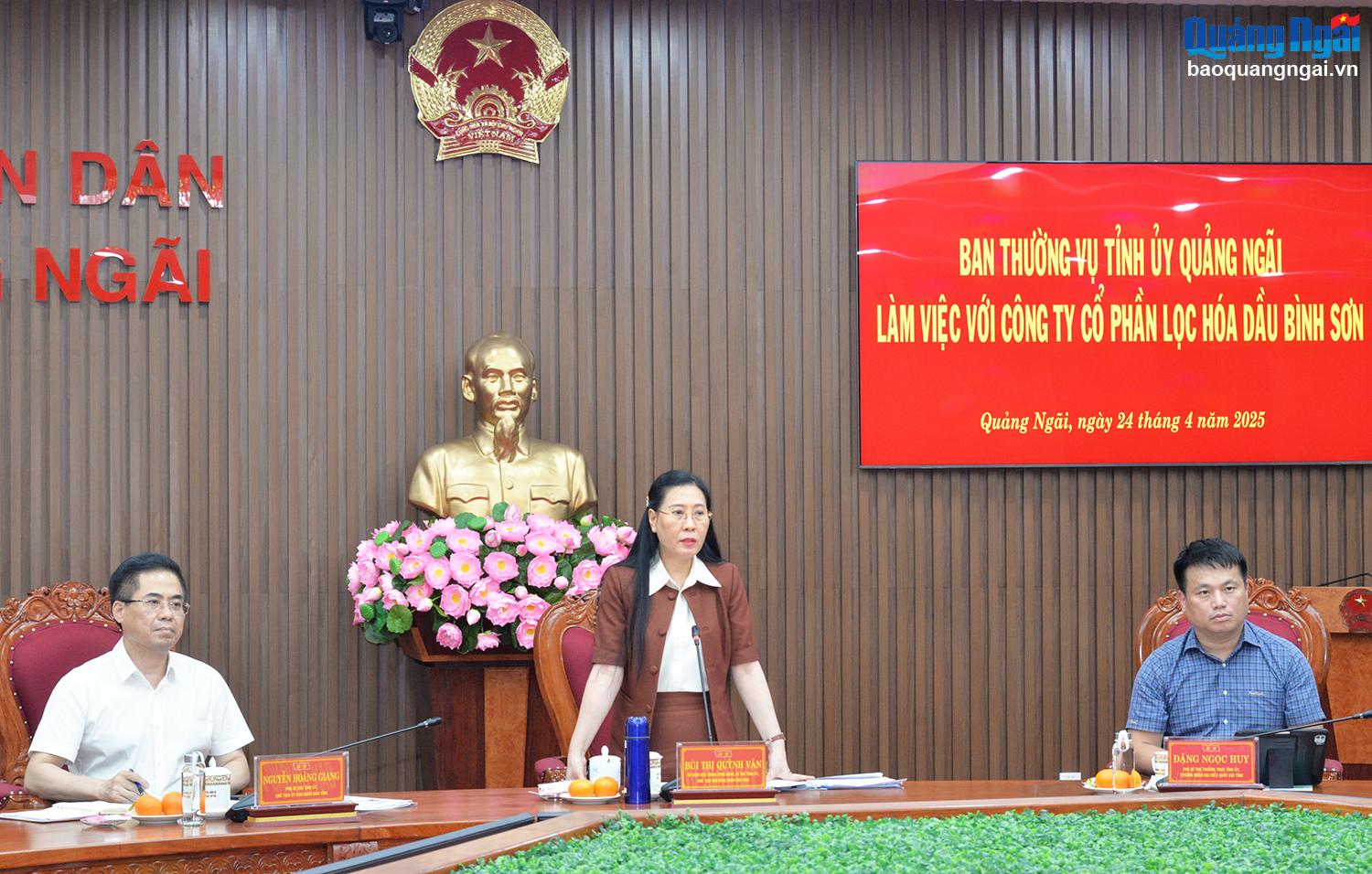 Ban Thường vụ Tỉnh ủy làm việc với Công ty CP Lọc hóa dầu Bình Sơn