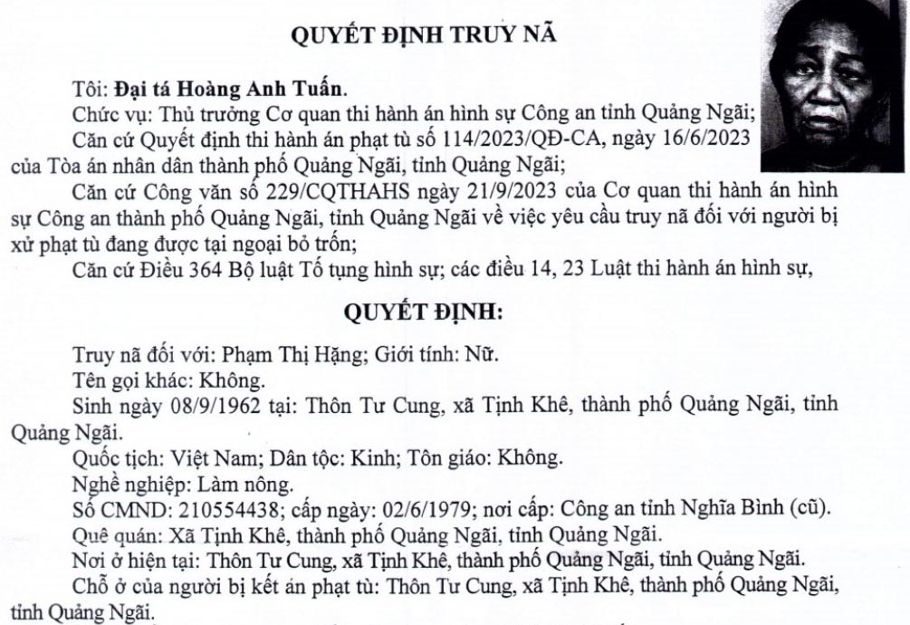 Lệnh truy nã đối với bà Phạm Thị Hặng