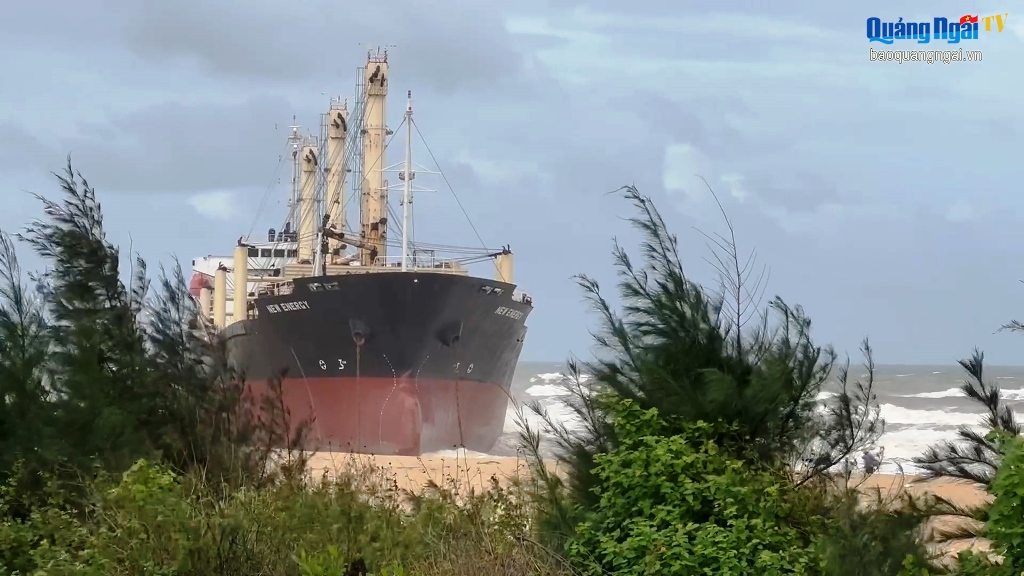 Tàu hàng bị sóng lớn đánh dạt vào bờ