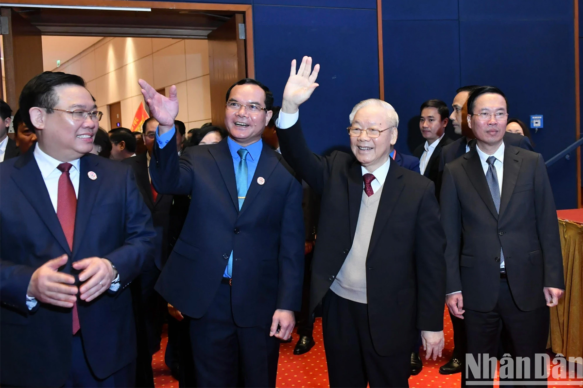 [Photos]. Tổng Bí thư Nguyễn Phú Trọng và các đồng chí lãnh đạo Đảng, Nhà nước dự phiên trọng thể Đại hội Công đoàn Việt Nam
